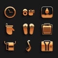 Set Flip flops, Sauna ladle, Bathrobe, Bathroom scales, Towel on hanger, mittens, Water drop and clock icon. Vector