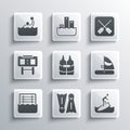 Set Flippers for swimming, Surfboard, Windsurfing, Life jacket, Water polo, Sport mechanical scoreboard, and Paddle icon