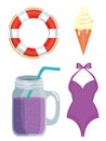 set of float with ice cream and smoothie with swimsuit Royalty Free Stock Photo