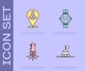 Set Floating buoy on the sea, Location with anchor, Octopus and Diving watch icon. Vector Royalty Free Stock Photo