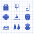 Set Floating buoy on the sea, Rubber flippers for swimming, Aqualung, Diving hood, Fishing boat water, Wind rose Royalty Free Stock Photo