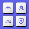 Set Flood car, Burning, Car insurance and Life with shield icon. White square button. Vector Royalty Free Stock Photo