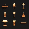 Set Floor lamp, Flashlight, Fluorescent, Lamp hanging, Table, Light bulb, and Chandelier icon. Vector