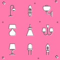 Set Floor lamp, Light bulb, Wall sconce, Table, Lamp hanging, Chandelier, and emitting diode icon. Vector Royalty Free Stock Photo