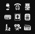 Set Floor lamp, Telephone handset, Tetris, Lipstick, Retro cinema camera, Radio with antenna, Pager and Photo icon