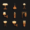 Set Floor lamp, Wall sconce, LED light bulb, Vintage street, and Table icon. Vector Royalty Free Stock Photo