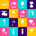 Set Floor lamp, Wall sconce, Vintage street light, Table, Led track lights and lamps, Fluorescent and icon. Vector Royalty Free Stock Photo