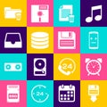 Set Floppy disk backup, Alarm clock, Dead mobile, Delete file document, Database and Social media inbox icon. Vector Royalty Free Stock Photo