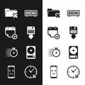 Set Floppy disk backup, Calendar with check mark, Delete folder, Retro flip clock, Stopwatch and Hard drive HDD icon Royalty Free Stock Photo