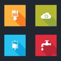 Set Floppy disk backup, Cloud sync refresh, IV bag and Water tap icon. Vector