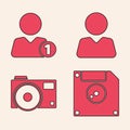 Set Floppy disk for computer data storage, Add to friend, Add to friend and Photo camera icon. Vector Royalty Free Stock Photo