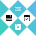 Set Floppy disk, , Digital alarm clock and Calendar with check mark icon. Vector Royalty Free Stock Photo
