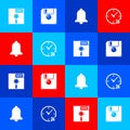 Set Floppy disk in the 5.25-inch, , Ringing bell and Clock 24 hours icon. Vector Royalty Free Stock Photo