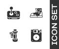 Set Floppy disk, Joystick, Camera roll cartridge and Sport sneakers icon. Vector