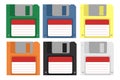 A set of floppy disks. Green, blue, yellow, orange, black, white magnetic floppy disk. Digital data device. Flat style. White Royalty Free Stock Photo