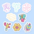 Set of flora plant stickers, pins, patches and handwritten collection in cartoon style. Funny greetings for clothes, card, badge, Royalty Free Stock Photo