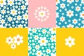 Set of floral backgrounds seamless patterns, daisies vector background in cartoon naive style