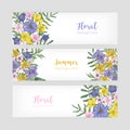 Set of floral banner templates with elegant blooming wild summer flowers and place for text on white background Royalty Free Stock Photo