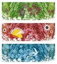 Set of Floral Banners with Foliage, Plants, Grasses, Sun, Birds - Green, Red, Blue