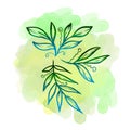 Set line art Leave watercolor on green blots. Linear hand drawing Leaf on white background