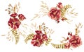 Set of floral bouquets, arrangement with beautiful burgundy rose and gold tropical leaves.