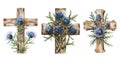Set of floral crosses. Easter border, christian banner. Watercolor hand drawn Easter cards, for Christian prints