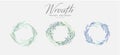 Set of floral decoration wreath and round labels. Branch and minimalist flowers. Hand drawn line wedding herb, elegant