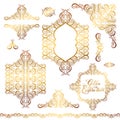 set of floral golden eastern decor frame elements, paisley pattern collection