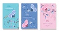Set of floral greeting card with forest plants, hand drawn blue bell flower and butterfly Royalty Free Stock Photo