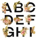 Set of floral letters A-I with watercolor boho bouquets of dried palm leaves and roses