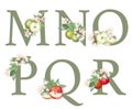 Set of floral letters M-R with apple tree flowers, leaves and apples Royalty Free Stock Photo