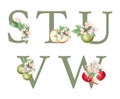 Set of floral letters S-W with apple tree flowers, leaves and apples Royalty Free Stock Photo