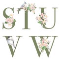 Set of floral letters S-W with apple tree flowers and spring birds Royalty Free Stock Photo