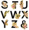 Set of floral letters S-Z, & with watercolor boho bouquets of dried palm leaves and roses