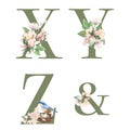 Set of floral letters X-Z, & with apple tree flowers and spring birds Royalty Free Stock Photo
