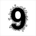 Set of floral number 9 with flowers, leaves and herbal details. Black and white graphic design element for stickers, scrapbook Royalty Free Stock Photo