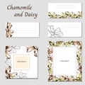 Set of floral patterns for text. Hand drawn ink of delicate daisies on a white background. Floral banners, business cards and tags Royalty Free Stock Photo