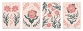 Set of floral posters in boho style. Collection of retro cards with mystical flowers.