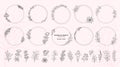 Set of floral round frames labels and banners with branch.