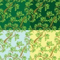 Set of Floral seamless pattern, detailed ornament with olive tree leaves and curled branches on different colors background.