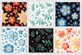 Set of floral seamless patterns. Embroidery of flowers and leaves on white and black background. Royalty Free Stock Photo