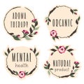 Set of floral stickers with text aromatherapy, mental health, organic, natural product. Collection of flower label, badges, tags.