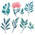 Set of floral watercolor illustration. green leaf branches hand drawn collection