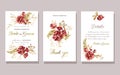 Set of floral wedding invitation with beautiful burgundy rose and gold tropical leaves on white background