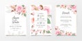 Set of floral wedding invitation card template with peach and pink roses flowers. Cards with floral illustration for save the date