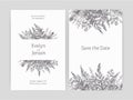 Set of floral wedding invitation and Save The Date card templates decorated with forest ferns and wild herbaceous plants