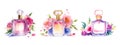 Set of Floral Women\'s Perfume Bottles. Collection of different female perfume bottles, on white background Royalty Free Stock Photo