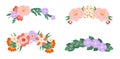 Set Of Floral Wreaths, Colorful Blossom Buds Composition. Arrangements in Cute Boho Style. Flower Design Elements
