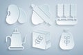 Set Flour pack, Wheat, Watering can, Bag of flour, Rolling pin on dough and Beans icon. Vector Royalty Free Stock Photo