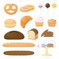 Set of flour product. Backery. Bread, baguette, cake, muffin, cakepops and bun. Cartoon vector